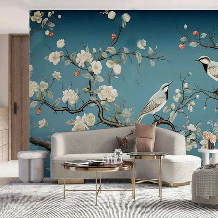 Elegant Hand-Painted Asian Mural Wallpaper Featuring Birds and Blossoms - Customizable Home Decor Art - Très Elite