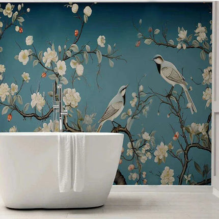 Elegant Hand-Painted Asian Mural Wallpaper Featuring Birds and Blossoms - Customizable Home Decor Art - Très Elite
