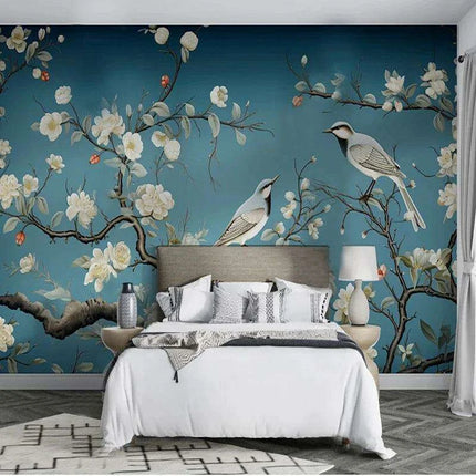 Elegant Hand-Painted Asian Mural Wallpaper Featuring Birds and Blossoms - Customizable Home Decor Art - Très Elite