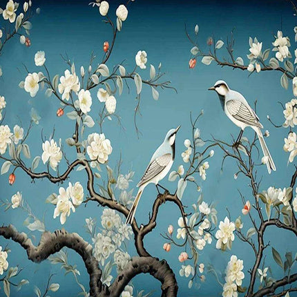 Elegant Hand-Painted Asian Mural Wallpaper Featuring Birds and Blossoms - Customizable Home Decor Art - Très Elite