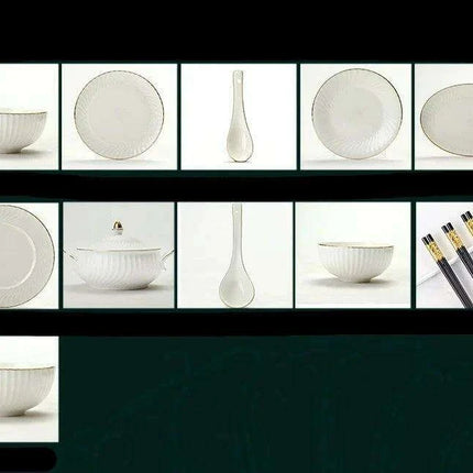 Elegant Hand-Painted Korean Porcelain Dinnerware Set with Gold Accents..