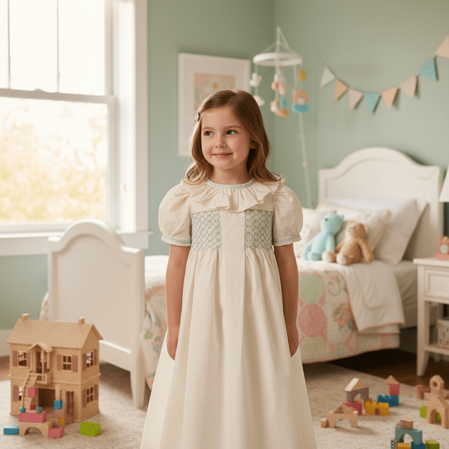 Elegant Handcrafted Cotton Dress for Girls with Lotus Leaf Collar and Adorable Puff Sleeves for Special Celebrations