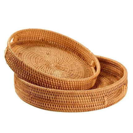 Elegant Handwoven Rattan Round Serving Trays - Set of 2 with High Sides - Très Elite