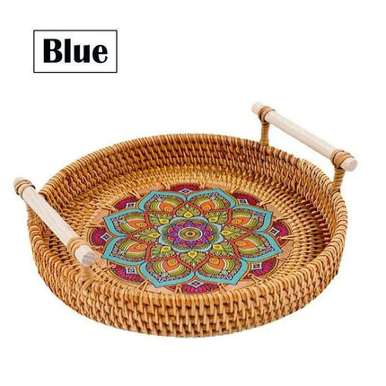 Elegant Handwoven Rattan Serving Tray with Wooden Handles for Stylish Hosting..