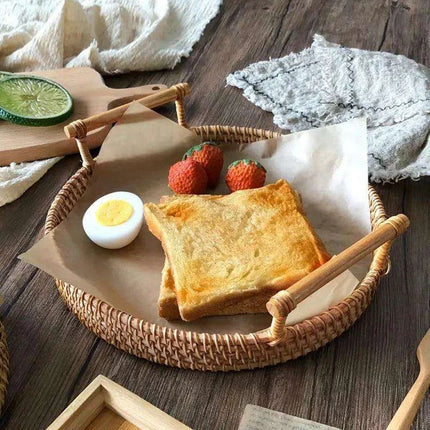 Elegant Handwoven Rattan Serving Tray with Wooden Handles for Stylish Hosting - Très Elite