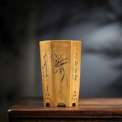 Elegant Hexagonal Ceramic Planter Inspired by Traditional Chinese Design for Succulents..