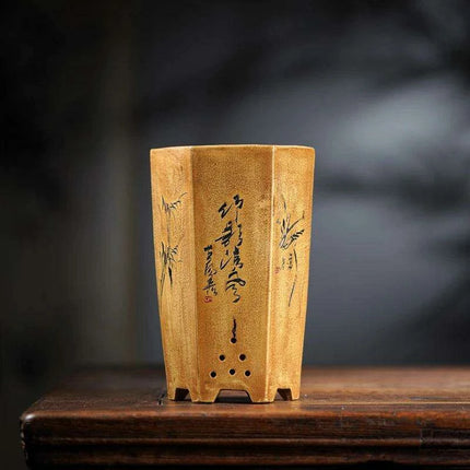 Elegant Hexagonal Ceramic Planter Inspired by Traditional Chinese Design for Succulents..