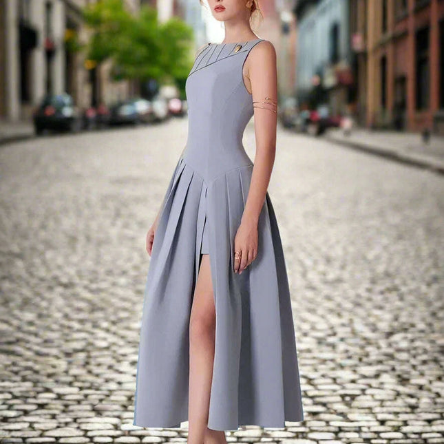 Elegant High Split Pleated Evening Dress with Zipper Waist for Women