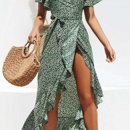 Elegant High Waist Tie Chiffon Dress with Irregular V-Neck - Women's Printed Fashion Dress - Très Elite