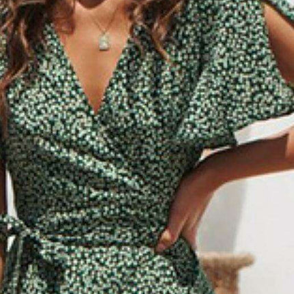 Elegant High Waist Tie Chiffon Dress with Irregular V-Neck - Women's Printed Fashion Dress - Très Elite