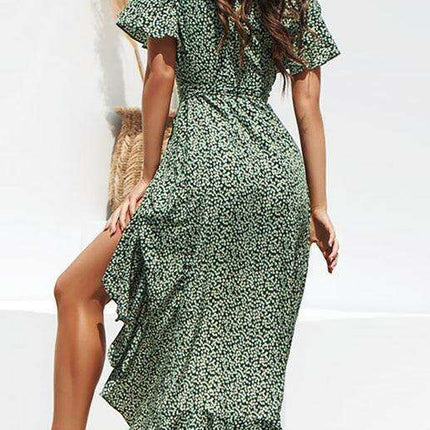 Elegant High Waist Tie Chiffon Dress with Irregular V-Neck - Women's Printed Fashion Dress - Très Elite