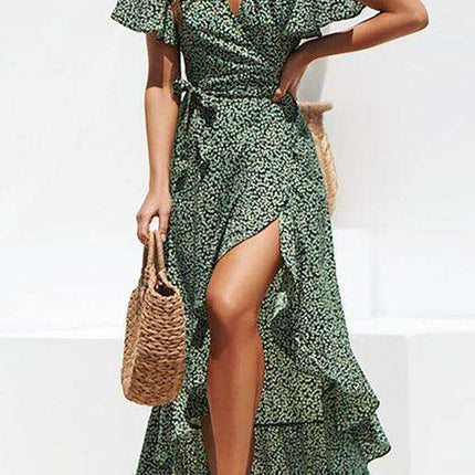 Elegant High Waist Tie Chiffon Dress with Irregular V-Neck - Women's Printed Fashion Dress - Très Elite