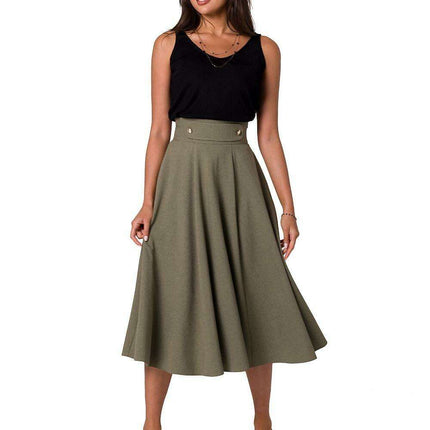 Elegant High-Waisted Flared Midi Skirt with Button Accents