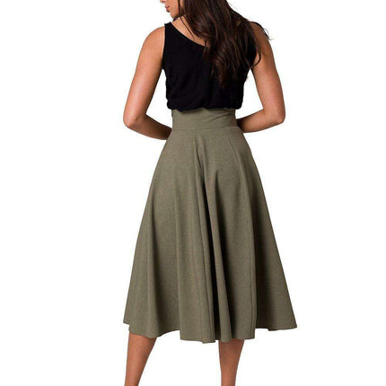 Elegant High-Waisted Flared Midi Skirt with Button Accents - Très Elite