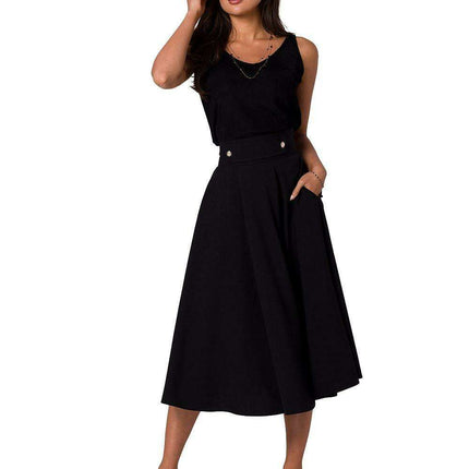 Elegant High-Waisted Flared Midi Skirt with Button Accents
