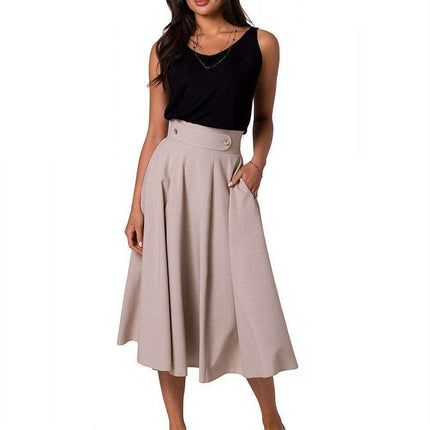 Elegant High-Waisted Flared Midi Skirt with Button Accents