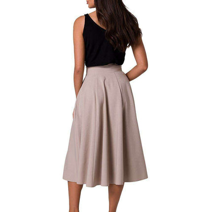 Elegant High-Waisted Flared Midi Skirt with Button Accents - Très Elite