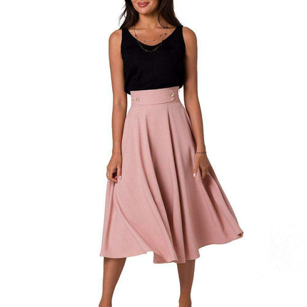 Elegant High-Waisted Flared Midi Skirt with Button Accents