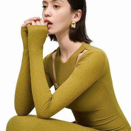 Elegant Hollow-Out Sequined Dress - Sophisticated Slim Pleated O-neck Autumn Party Dress - Très Elite