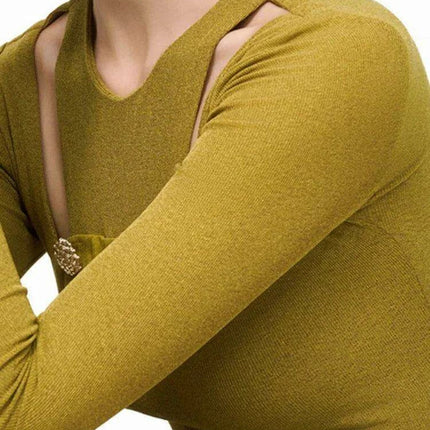 Elegant Hollow-Out Sequined Dress - Sophisticated Slim Pleated O-neck Autumn Party Dress - Très Elite
