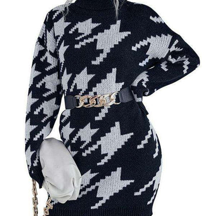 Elegant Houndstooth Turtleneck Sweater Dress for Women - Cozy and Chic Polyester Blend - Très Elite