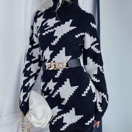 Elegant Houndstooth Turtleneck Sweater Dress for Women - Cozy and Chic Polyester Blend - Très Elite