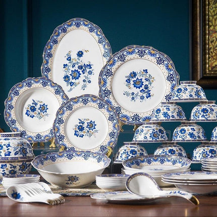 Elegant Italian Blue and White Floral Fine China Dining Set - Très Elite