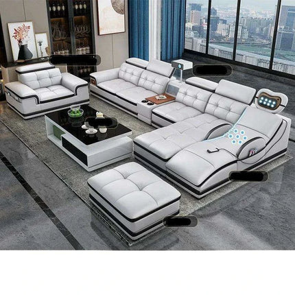 Elegant Italian Leather Bluetooth Sofa Set with Massage Features, Integrated Speaker, Projector, USB Charging Ports, and Convenient Cup Holder - Contemporary Comfort Solution - Très Elite