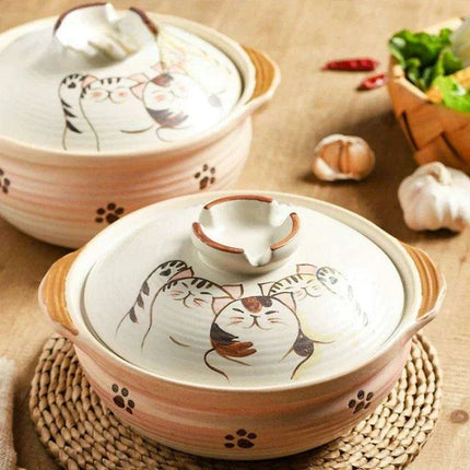 Elegant Japanese Cat-Themed Ceramic Stew Pot with Comfortable Double Ear Handles for Gourmet Cooking - Très Elite
