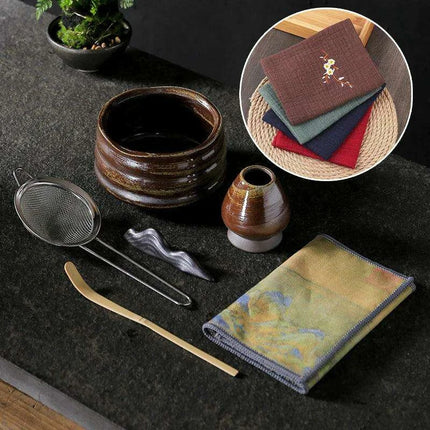 Elegant Japanese Matcha Tea Towel Set with Bamboo Whisk and Floral Design - Très Elite