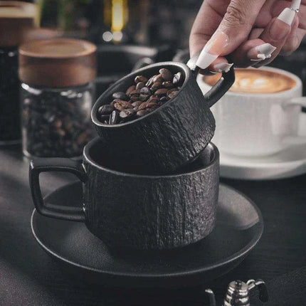 Elegant Japanese Rock Texture Porcelain Coffee Cup and Plate Set - Elevate Your Sipping Experience - Très Elite