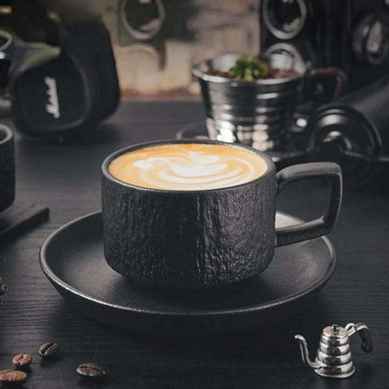 Elegant Japanese Rock Texture Porcelain Coffee Cup and Plate Set - Elevate Your Sipping Experience - Très Elite