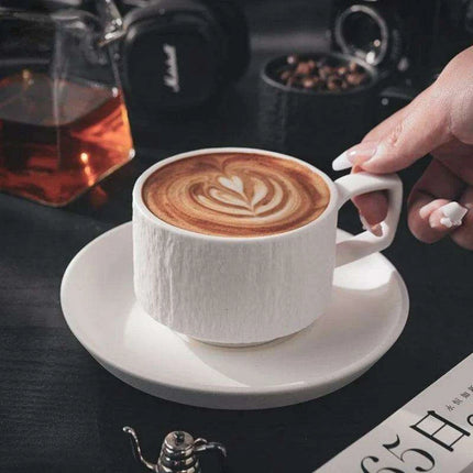 Elegant Japanese Rock Texture Porcelain Coffee Cup and Plate Set - Elevate Your Sipping Experience - Très Elite