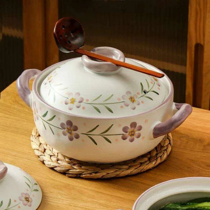 Elegant Japanese Taro Clay Casserole with Purple Floral Design for Gas Cooking: Experience Authentic High-Heat Culinary Traditions - Très Elite