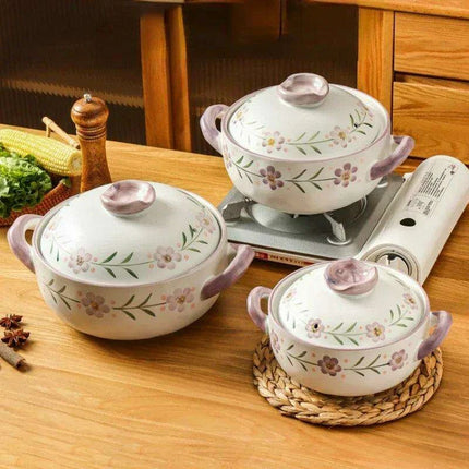 Elegant Japanese Taro Clay Casserole with Purple Floral Design for Gas Cooking: Experience Authentic High-Heat Culinary Traditions - Très Elite