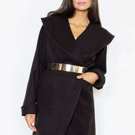 Elegant Knee-Length Knit Coat with Chic Golden Buckle & Stylish Collar - Très Elite