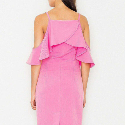 Elegant Knit Day Dress with Frill Accents and Trendy Shoulder Cutouts - Très Elite