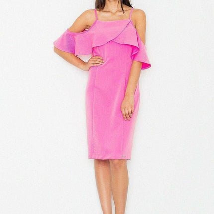 Elegant Knit Day Dress with Frill Accents and Trendy Shoulder Cutouts - Très Elite