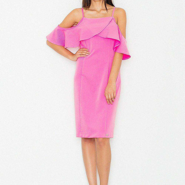 Elegant Knit Day Dress with Frill Accents and Trendy Shoulder Cutouts