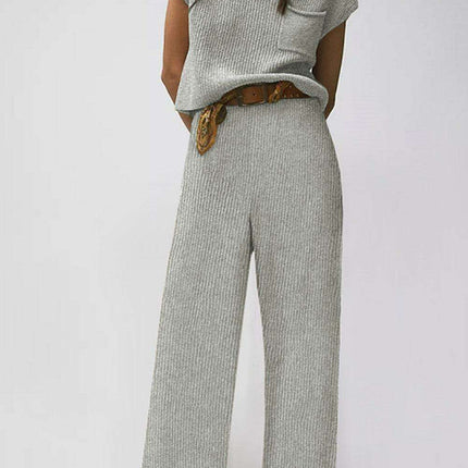 Elegant Knit V Neck Sweater and Flowing Trousers Ensemble