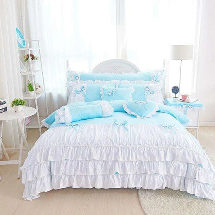 Elegant Korean Princess Pink Lace Bow Cotton Bedding Ensemble for a Stylish Sanctuary - Très Elite