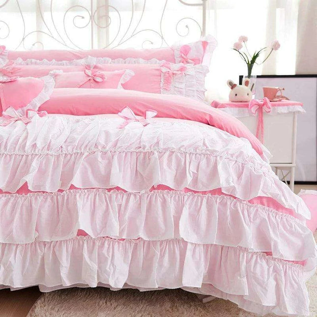 Elegant Korean Princess Pink Lace Bow Cotton Bedding Ensemble for a Stylish Sanctuary