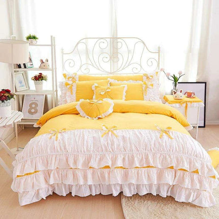 Elegant Korean Princess Pink Lace Bow Cotton Bedding Ensemble for a Stylish Sanctuary - Très Elite