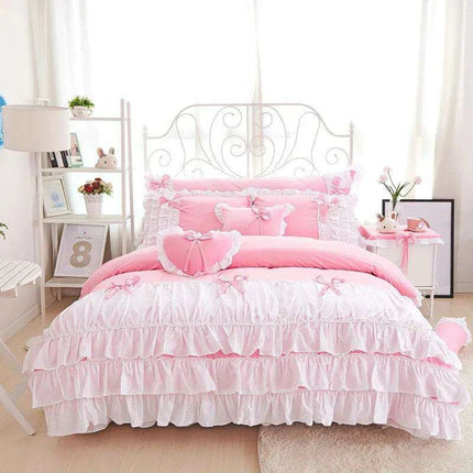 Elegant Korean Princess Pink Lace Bow Cotton Bedding Ensemble for a Stylish Sanctuary - Très Elite