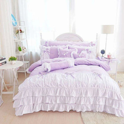 Elegant Korean Princess Pink Lace Bow Cotton Bedding Ensemble for a Stylish Sanctuary - Très Elite