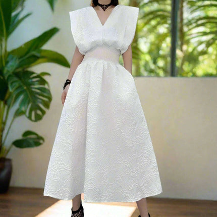 Elegant Korean White V-neck Sleeveless Summer Dress with Comfortable Elastic Waist - Très Elite