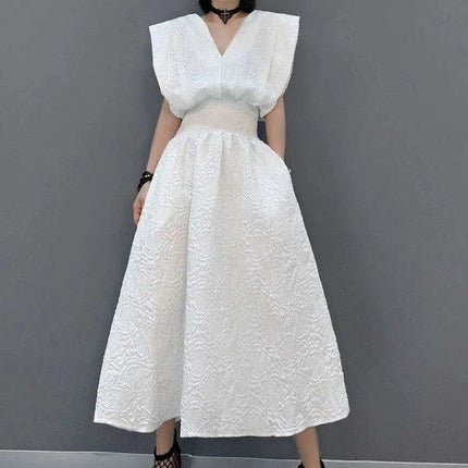 Elegant Korean White V-neck Sleeveless Summer Dress with Comfortable Elastic Waist