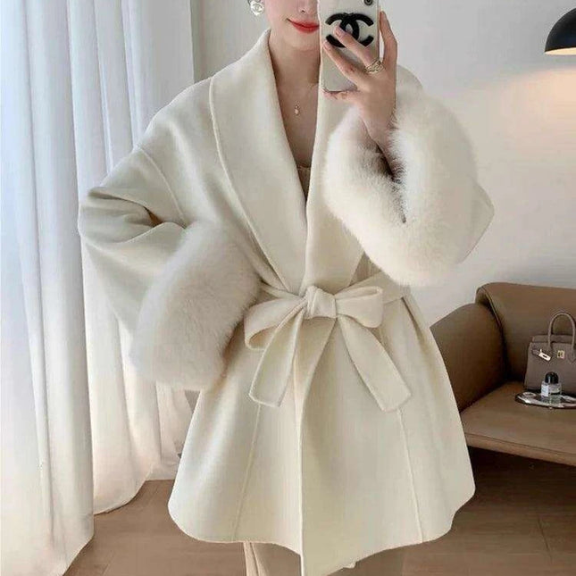 Elegant Korean Wool Coat with Genuine Fox Fur Cuffs and Chic Waist Belt - Transform Your Autumn Wardrobe