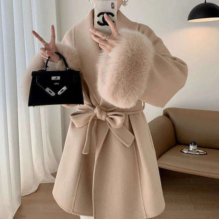 Elegant Korean Wool Coat with Genuine Fox Fur Cuffs and Chic Waist Belt - Transform Your Autumn Wardrobe - Très Elite