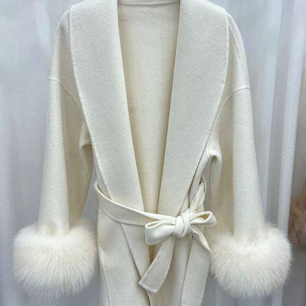 Elegant Korean Wool Coat with Genuine Fox Fur Cuffs and Chic Waist Belt - Transform Your Autumn Wardrobe